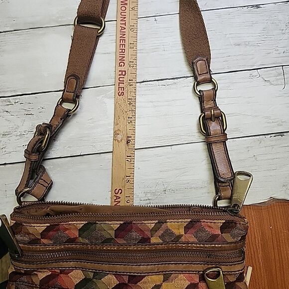 Vintage Fossil Multicolor Geometric Pattern Canvas/Leather Shoulder Bag Purse - Picture 8 of 11